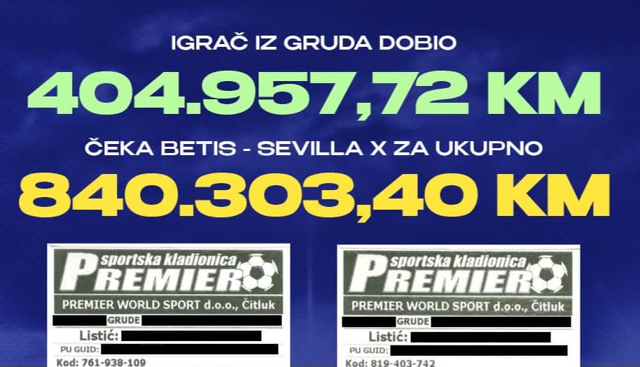 Ilustracija članka: Igrač iz Gruda na kladionici dobio 840.303 KM